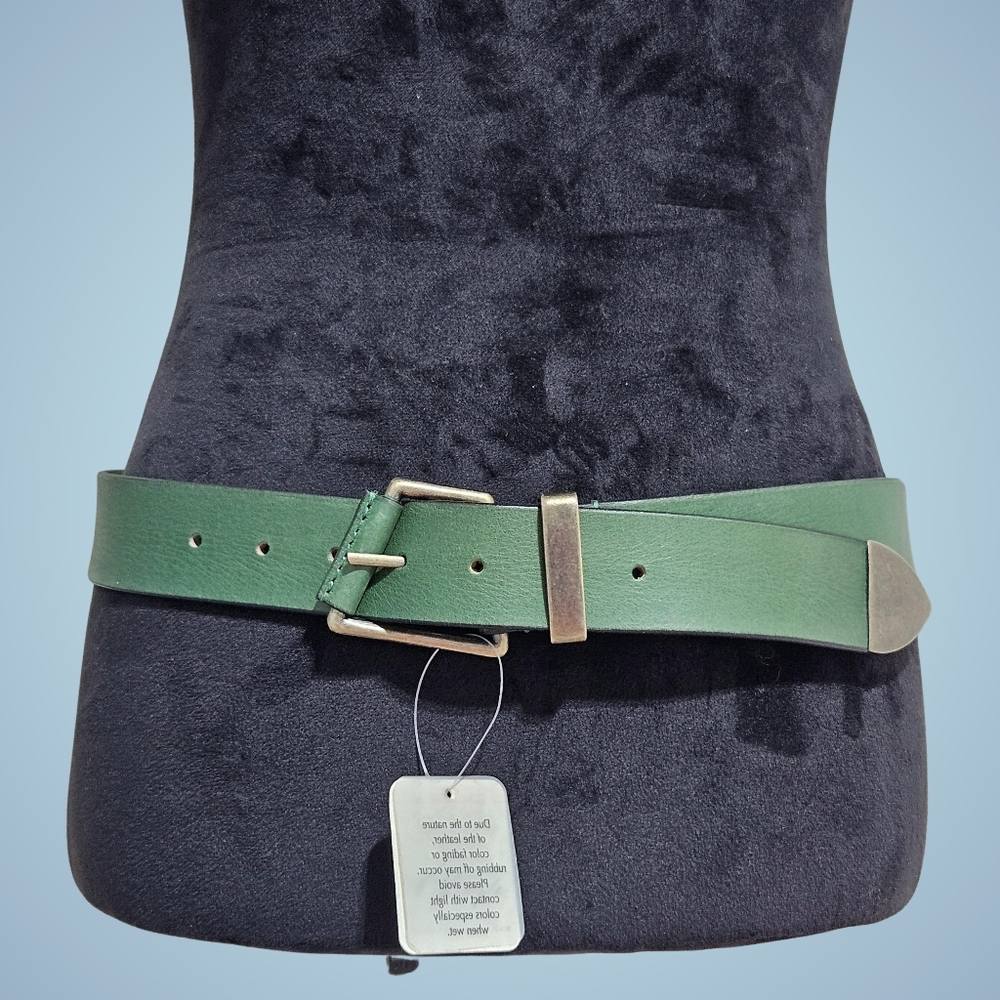 Free People Belt Small/Medium Dark Green 1.5" W Getty Slanted Buckle Boho